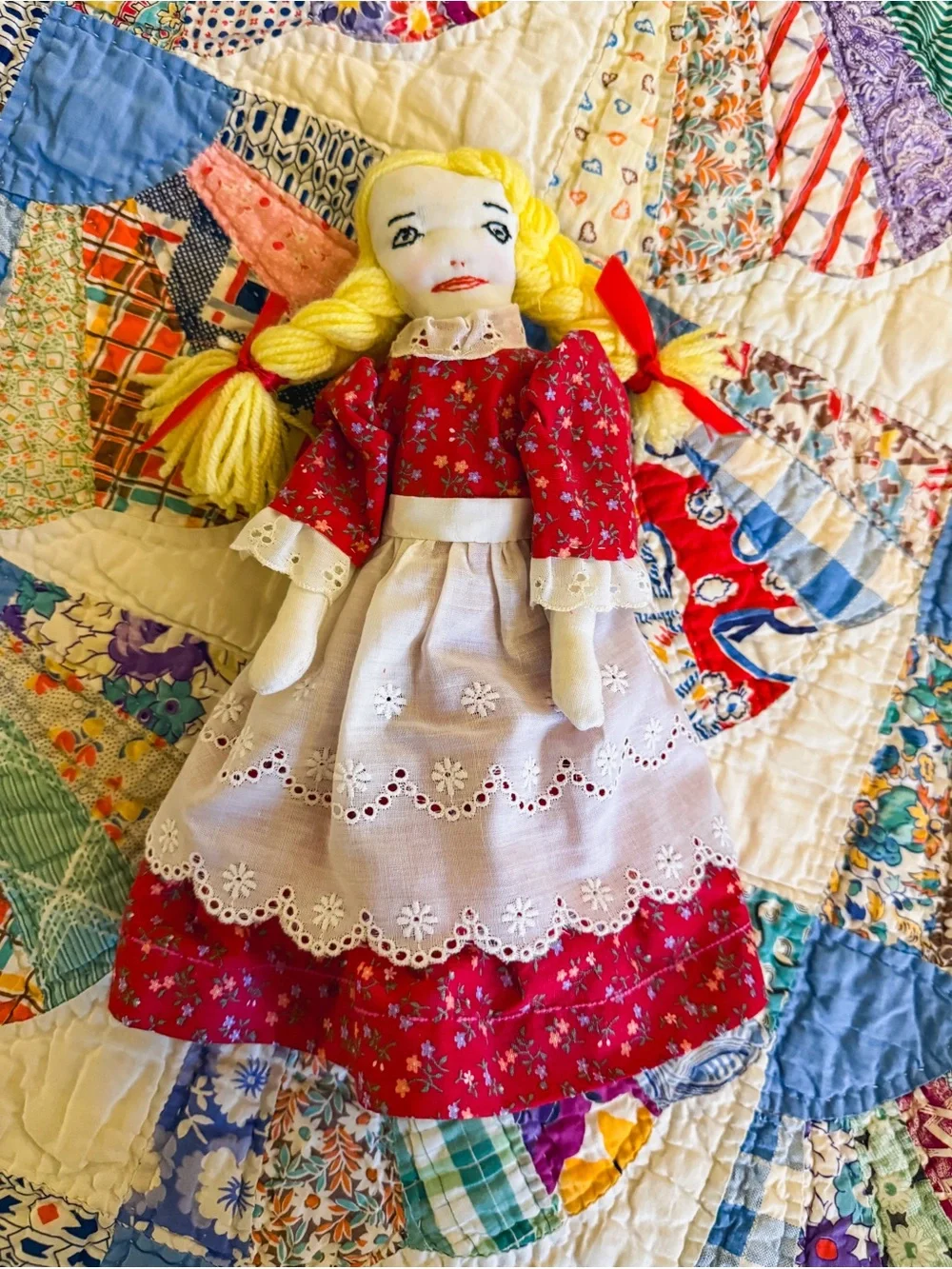 Handcrafted Vintage Yellow-Haired Rag Doll in Red Dress - Kids Toy